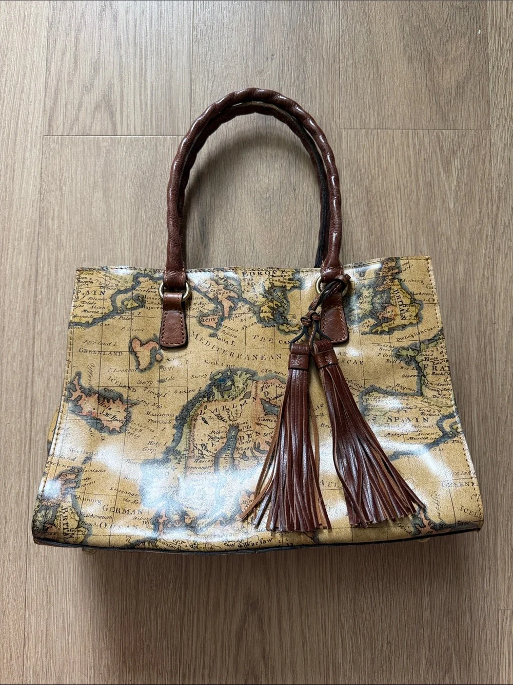 Patricia Nash Vintage Style Map Print Brown Tassel Tote Bag